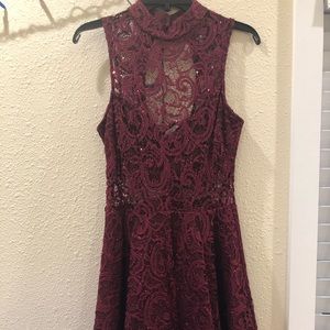 Lace Burgundy semi open back skater dress